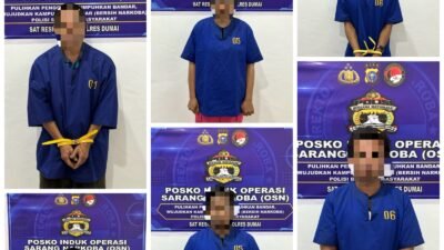 Polres Dumai Bersama Tim Gabungan Gelar Razia Sarang Narkoba, Enam Orang Positif Metamfetamina Diamankan